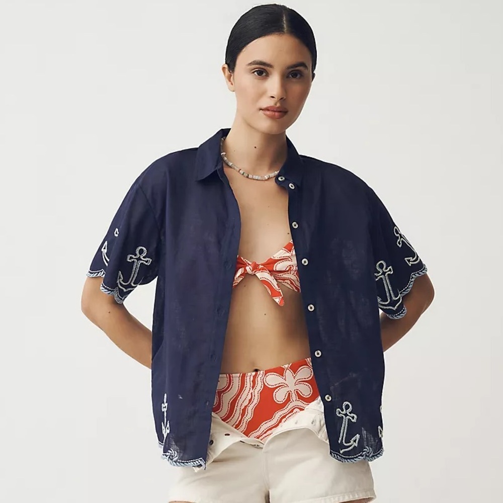 Anthropologie Maeve Henrietta Buttondown Surf Shirt Embroidered Anchor - Picture 2 of 11